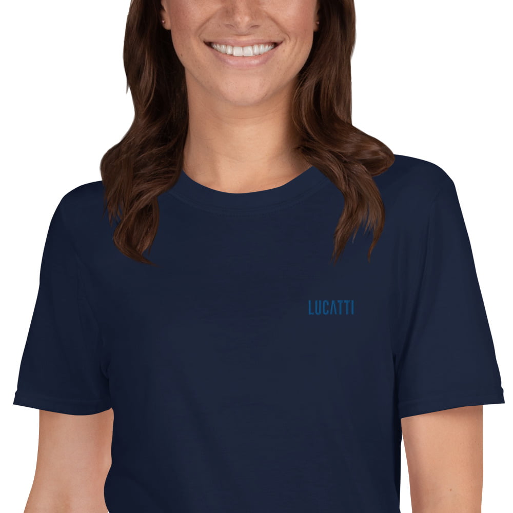 Camiseta básica mujer azul marino cuello redondo bordado