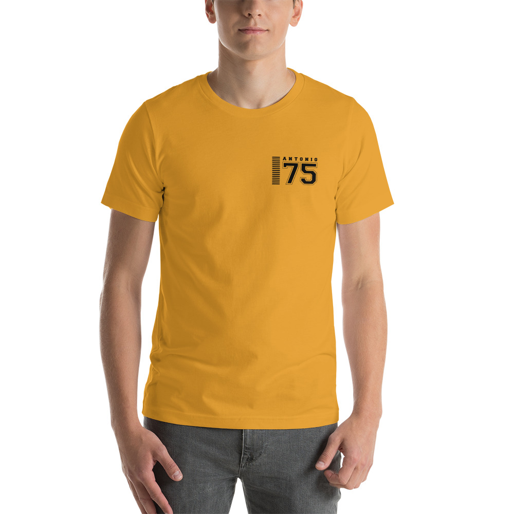 Camiseta personalizada con numero y nombre color mostaza delante